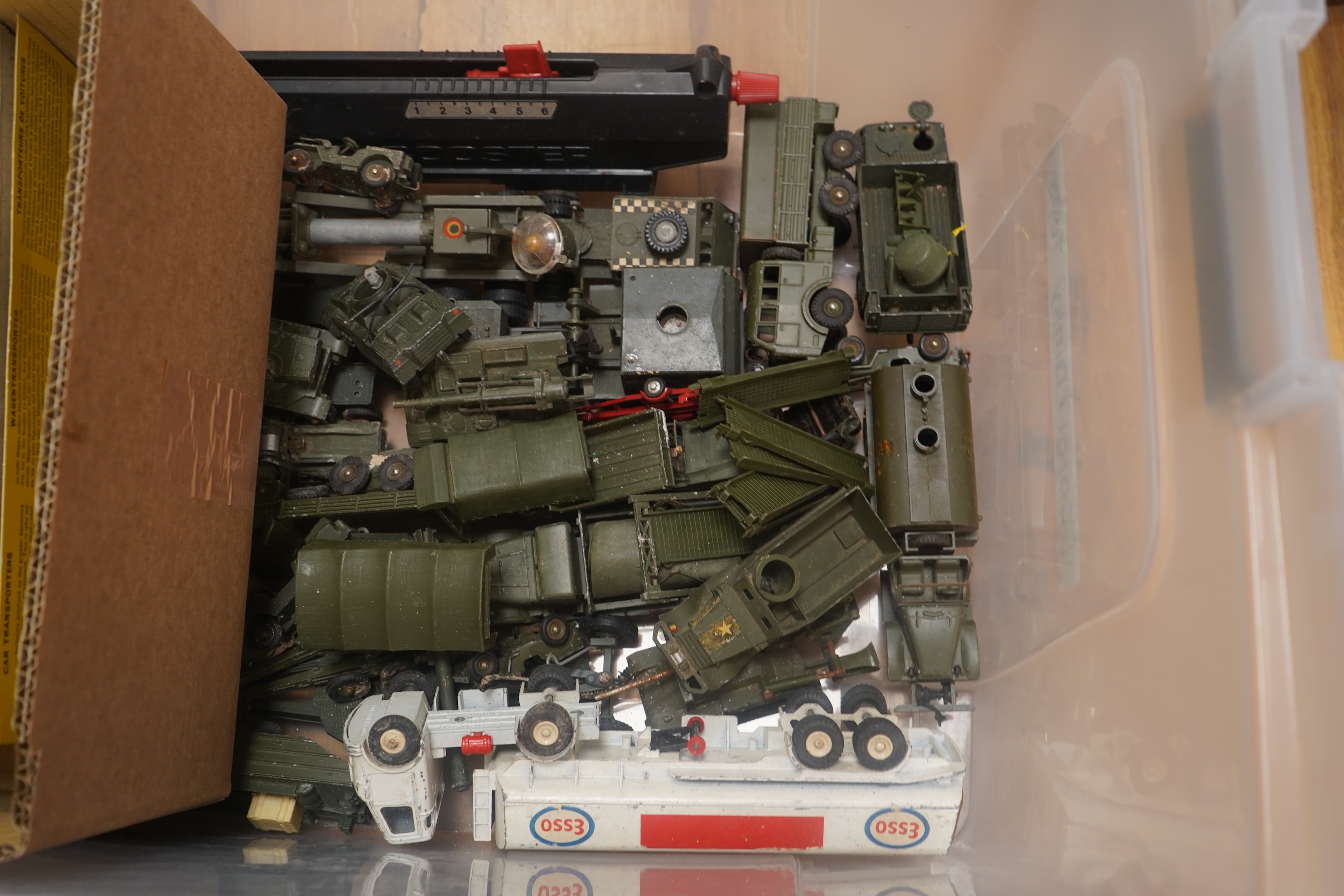 A collection of diecast vehicles by Dinky Toys, Corgi Toys, Husky, Matchbox Series, etc. including a good selection of French Dinky Toys military vehicles, original Chipperfields Circus vehicles, cars, commercial vehicle